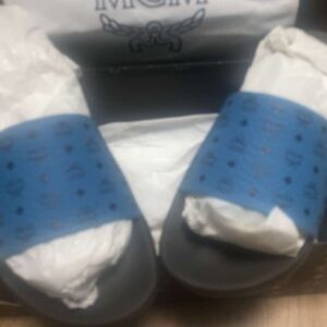 MCM Monogram Blue Slides Size 9